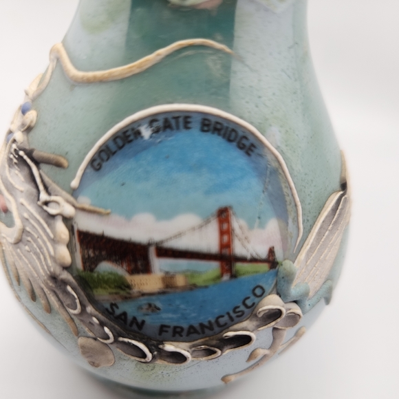 VTG Dragon Ware Green Lusterware Porcelain Souvenir Bud Vase GOLDEN GATE BRIDGE - Picture 6 of 7